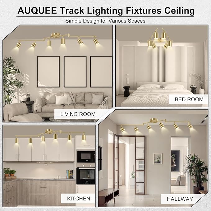 AUQUEE 6 Light Track Lighting Fixtures Ceiling, Gold Kichen Track Lighting Fixtures with Rotatable Light Heads, Foldable Lamp Arms, Modern LED Track Lights for Kitchen/Hallway, No GU10 Bulb