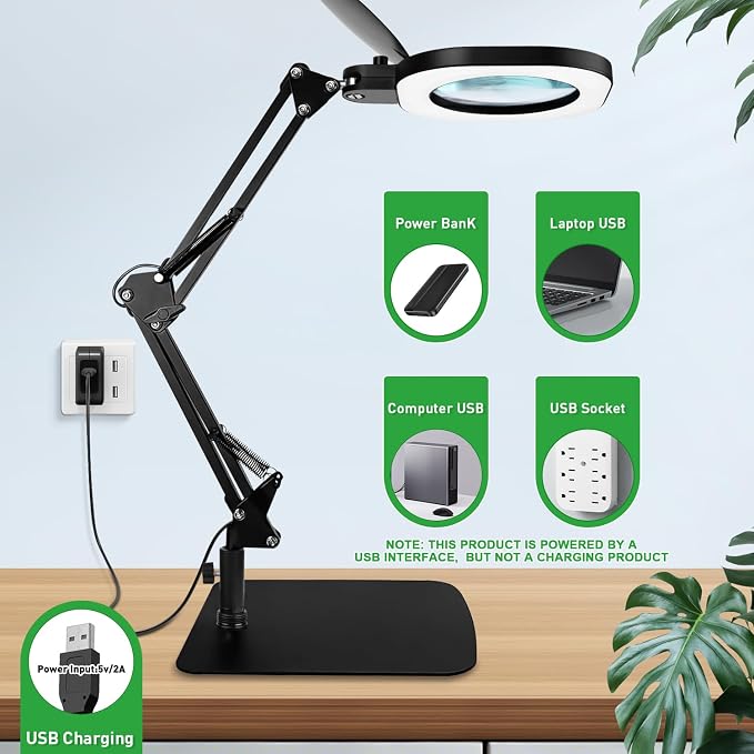 15X Real Glass Magnifying Lamp, 3-in-1 LED Desk Lamp with Base Clamp & Floor Stand, 5 Color Modes Stepless Dimmable, Adjustable Swing Arm, for Repair, Reading,Crafts,Painting