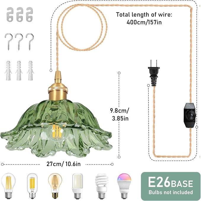 Plug in Pendant Light Fixtures,Hanging Light Fixture Corded On/Off Switch,10.6in E26 Green Glass Lampshade Pendant Lighting for Kitchen Island, Bedroom, Dining Room 2pack