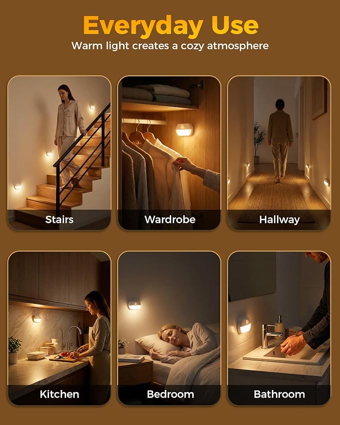 12 Pack Rechargeable Motion Sensor Stair Lights, Indoor Hallway Light | Portable Wireless Stick On Night Light, Battery Operated LED Lights for Staircase Closet Cabinet Toilet