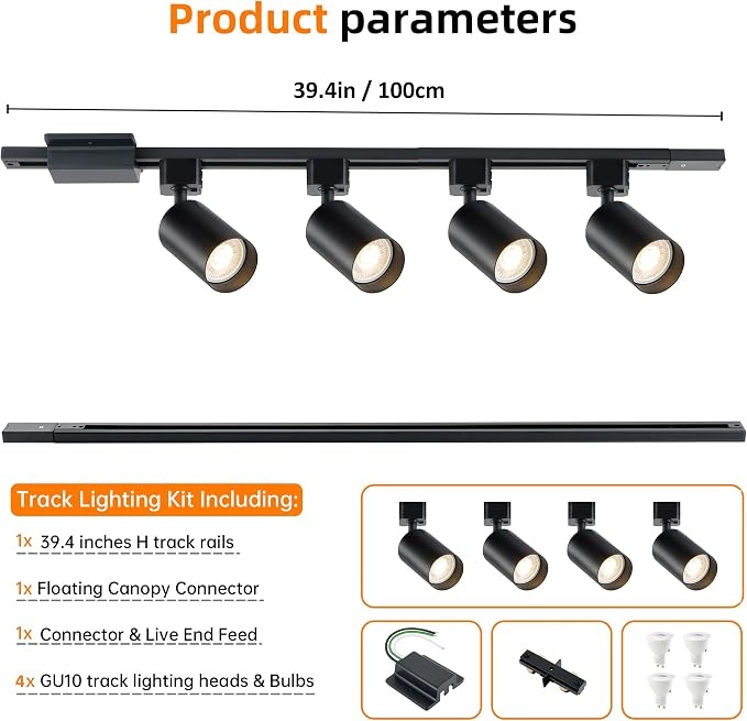 3-Color LED Track Lighting Kit with Floating Canopy Connector, 4-Light H Type Rail System with 3.3FT Rails, Dimmable GU10 Bulbs Included, Adjustable Ceiling Spotlights for Kitchen(4, Black)