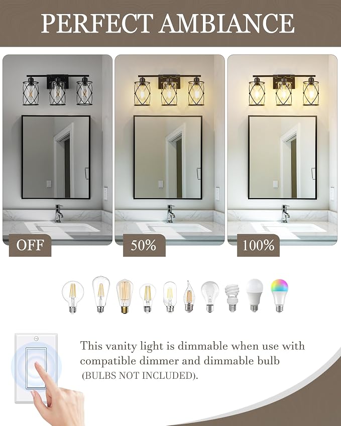 3-Light Black Bathroom Light Fixture, 21 Inch Modern Farmhouse Vanity Lighting Fixtures Over Mirror with Glass and Metal Cage, Wall Sconce Lights for Bath, Rust-Resistant, E26, CH9176BK-3W