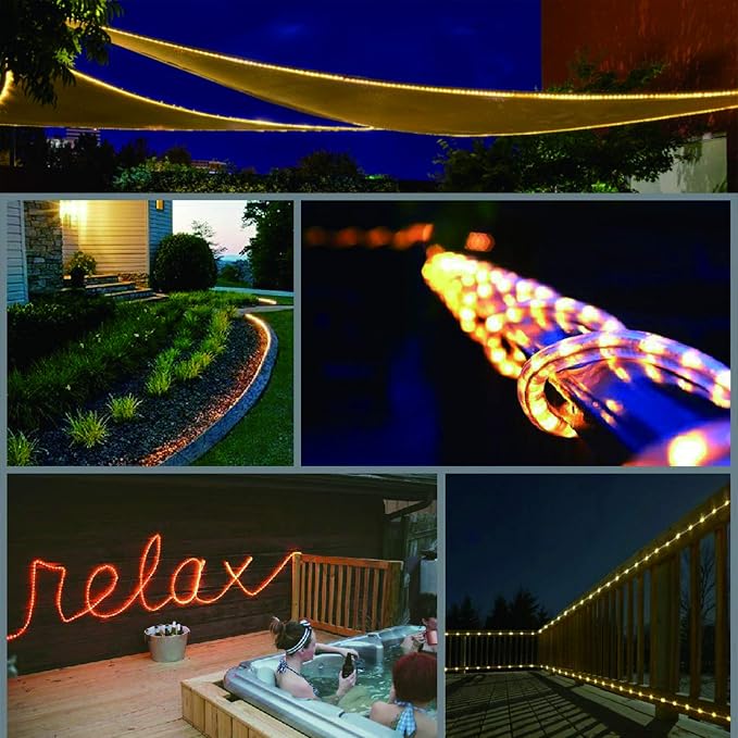 33ft RGB Rope Light Remote ETL Waterproof | 8 colors + multiple modes. Connectable up to 12 strips. 50,000hr lifespan. Indoor/outdoor for home, patio, Christmas.