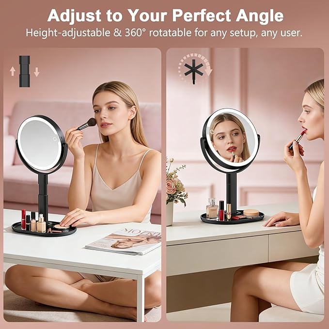 Lighted Makeup Mirror with 10X Magnification, Rechargeable LED Magnifying Vanity Mirror with 3 Lights, Adjustable Height, Storage Base and Phone Holder, Black, 7 inch