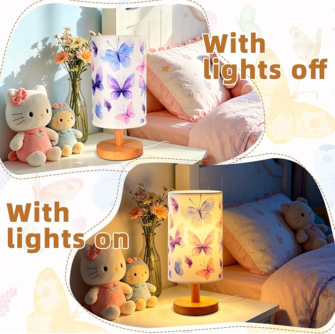 Butterfly Kids Table Lamp for Bedroom Girls Bedside Lamps 3 Colors Modes LED Nightstand Night Light with Cartoon Linen Lampshade Desk Lamp for Girls Boys Room Nursery Decor,Butterfly Gifts for Girl