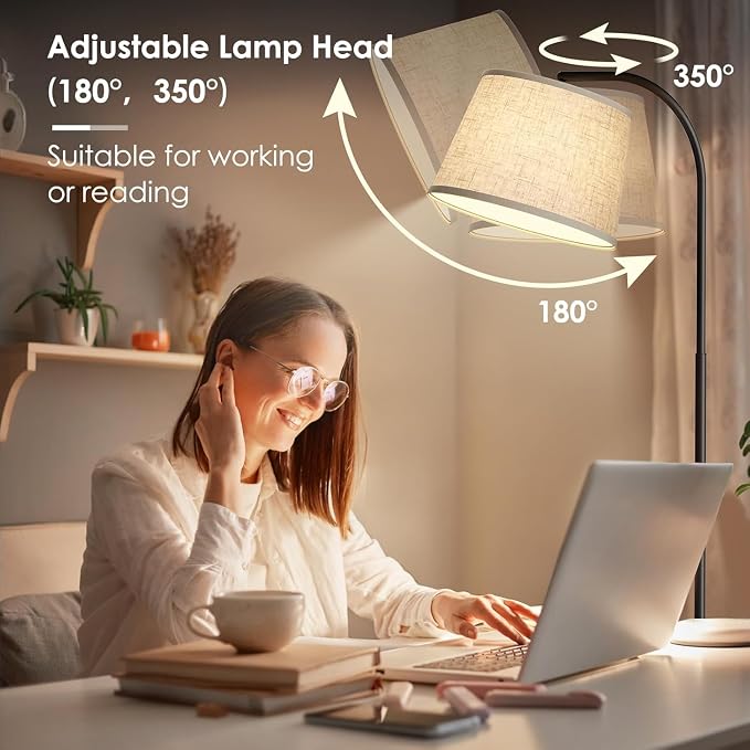 Karjoefar 64" 3 Color Dimmable Black Arc Floor Standing Lamp with Remote | Adjustable & 350°H/180°V Rotatable Linen Shade, Stepless Dimmable Lighting, 9W Bulb Included, Ideal for Bedroom & Office