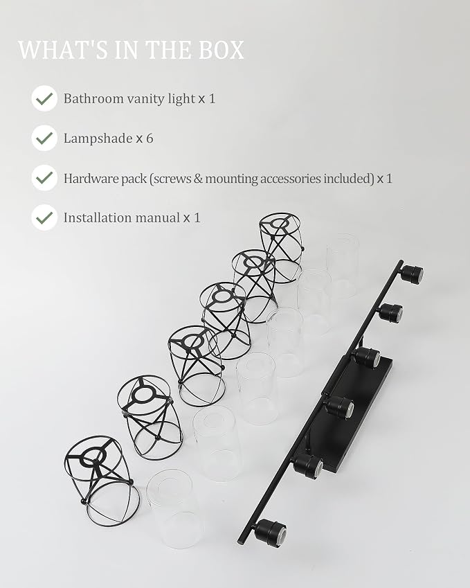 6-Light Matte Black Bathroom Light Fixtures Over Mirror, 42" UL-Listed Modern Wall Sconce Lights with Clear Glass and Metal Cage for Bath, Hardwire E26, CH9176BK-6W
