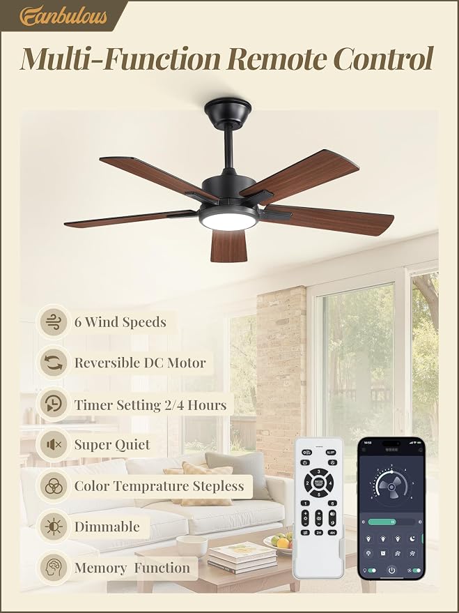 Fanbulous 42 Inch Ceiling Fans with Light, Black, Remote & APP Control | Stepless CCT & Dimmable Light, 20W LED Ceiling Fans, 6 Speeds, Reversible Quiet DC Motor, for Bedroom Living Room Apartment