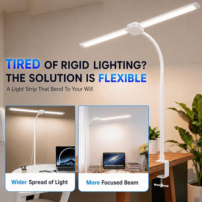 Desk Lamps for Home Office, Computer Light Bar, Double Head, White | Eye-Care Architect Light with Clamp, 3 Color Modes 10 Brightness, Adjustable for Reading, Study, Workbench