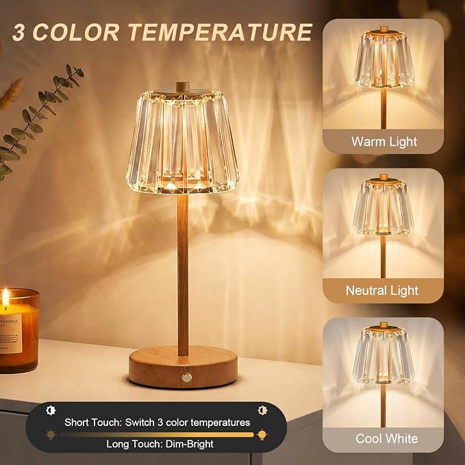 13" Small Crystal Cordless Table Lamp, Touch Rechargeable Desk Lamps | 3 Color Temps, Stepless Dimming, Wood Grain Portable Battery Operated LED Desk Lamps for Bedside, Nightstand, Kitchen, Patio
