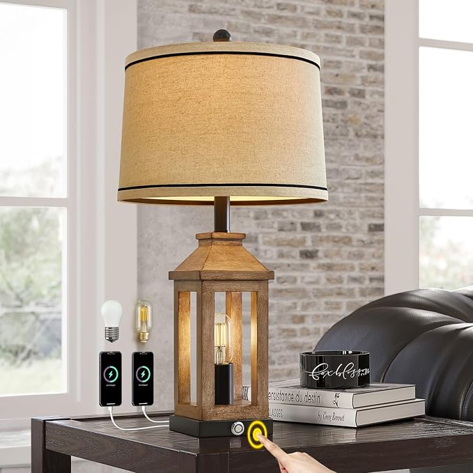 G-SAFAVA 23.75" Farmhouse Table Lamps USB A+C Charging Ports 3-Way Dimmable Touch Control Lamp Nightlight Vintage Modern Lamp for Living Room Bedroom with 2 Light Sources