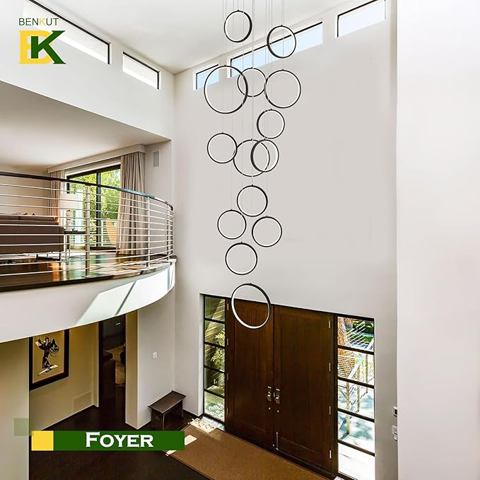 14 Ring High Ceiling Chandelier Foyer, Black Modern LED Large Staircase Long Chandeliers Light Fixture with Remote for Staircase Entryway Living Room Dining Room(118in, 3000K-6500K)