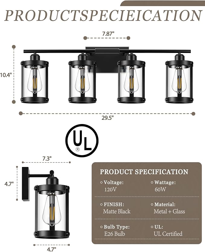 4-Light Black Bathroom Light Fixtures, 29 Inch Modern Bathroom Vanity Lighting Fixtures Over Mirror with Clear Glass and Metal Cage Wall Sconce Lights for Bath, E26, OS-3014BK-4W