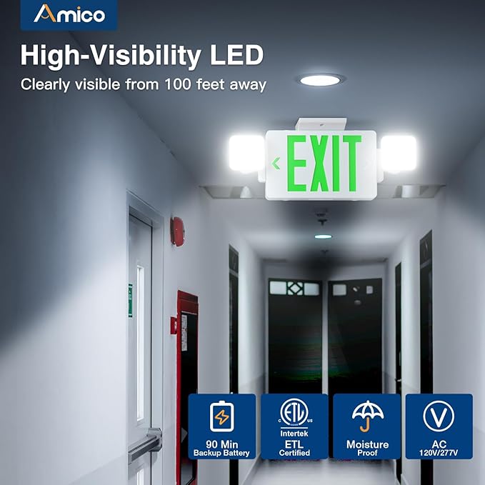 Amico 4 Pack Green Double-Sided Exit Sign with Emergency Lights, Two LED Adjustable Head with Battery Backup, ETL Certified, AC 120/277V, Commercial Emergency Lights Combo for Business
