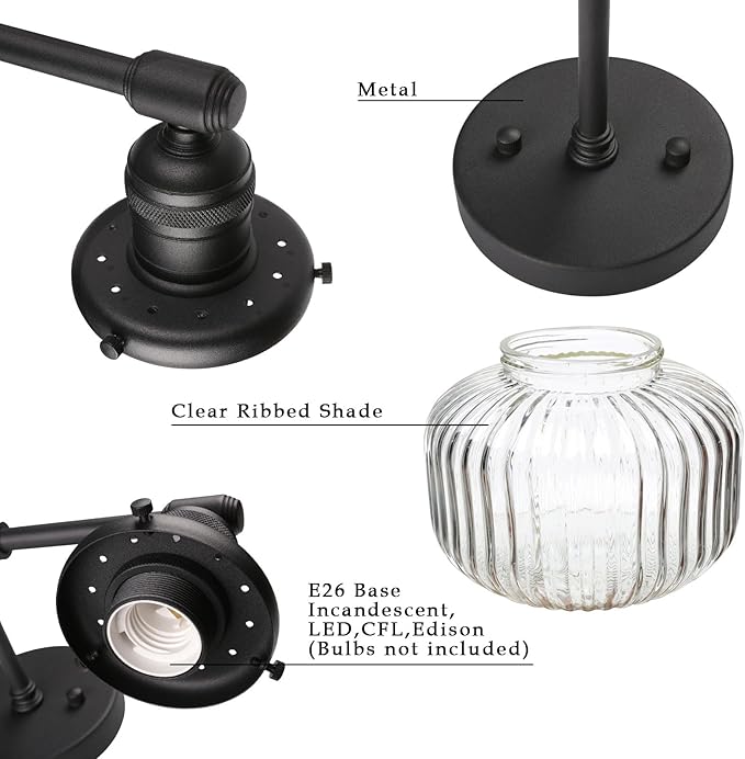 Phansthy Vintage Hardwired Sconces Wall Lighting, Bathroom Vanity Light Fixtures Antique Brass, Modern Wall Light with Clear Striped Glass Shade for Bedroom Fireplace Hallway (Black, Two-Light)