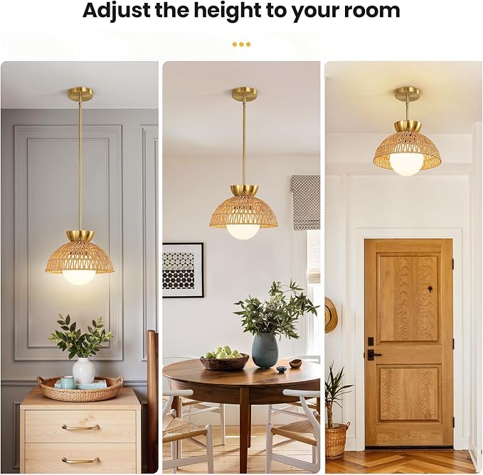 AIJIASI Rattan Pendant Light, 11.8" Hand Woven Boho Pendant Light Fixture with Milk Glass Globe, Gold Kitchen Pendant Lighting Over Island Adjustable Chandelier for Dining Room Hallway Foyer