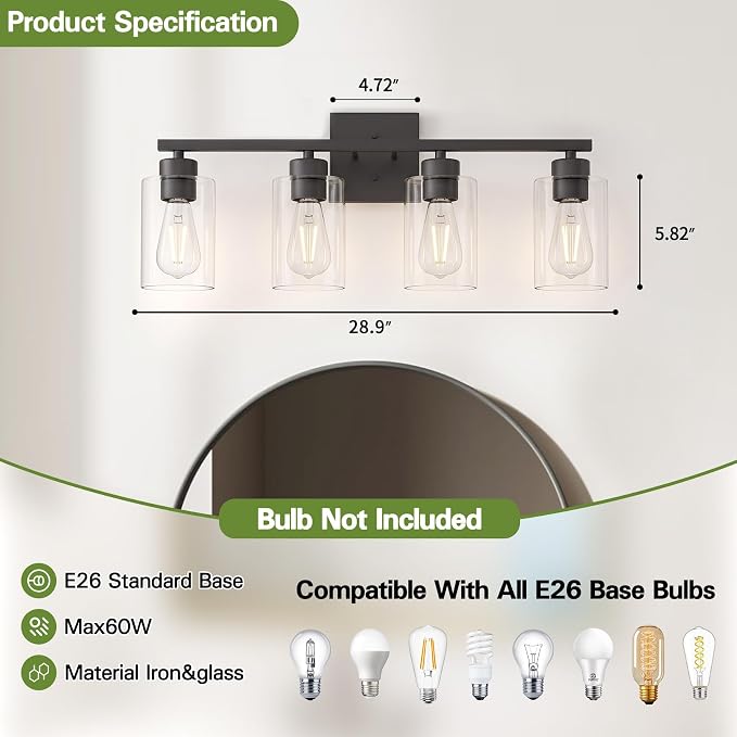 4 Light Bathroom Vanity Light - Matte Black Bathroom Light Fixtures UL Certification, Round Light Fixture Over Mirror, Farmhouse Light Fixtures for Bathroom & Bedroom