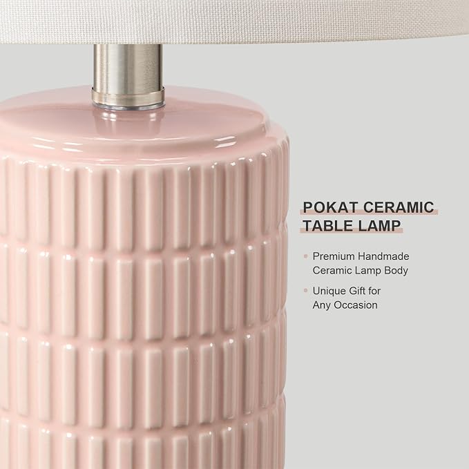 PoKat 21'' Pink Ceramic Table Lamp with Gift Box, Modern, Small for Bedroom | Nightstands lamps for bedside, farmhouse home decor for girls room, ideal housewarming birthday gift for kids women teen