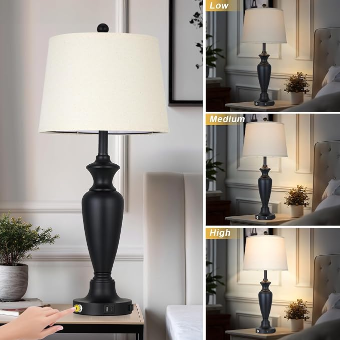 Black Table Lamp for Living Room Single, 30″ Tall Touch Control Bedside Lamp for Bedroom, 3-Way Dimmable Nightstand Lamp with USB A+C Ports and AC Outlet (1 Pack)