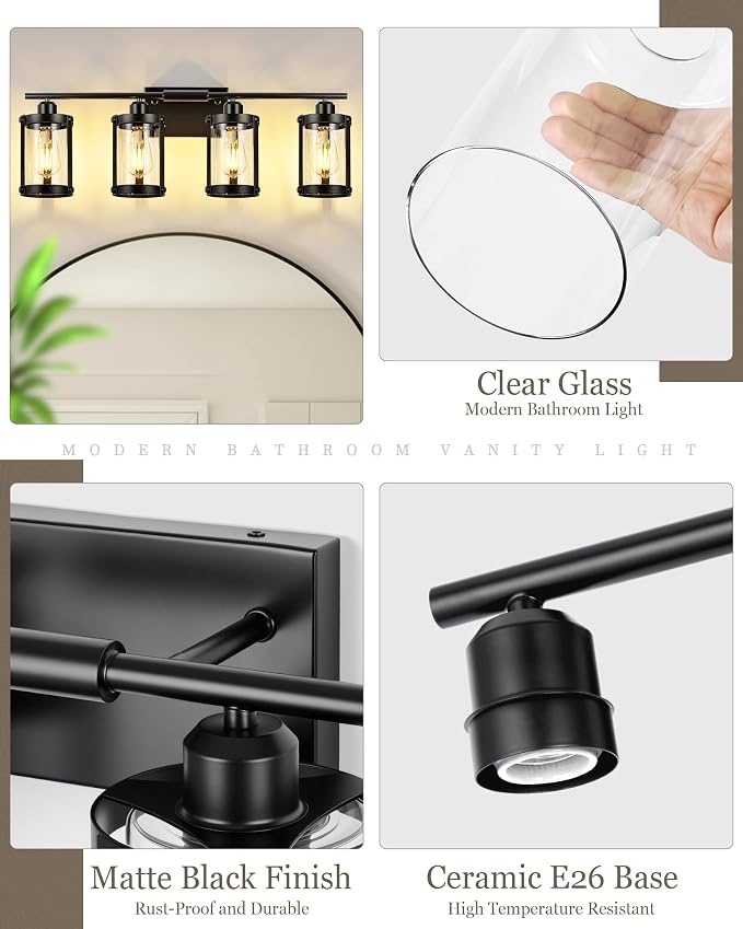 4-Light Black Bathroom Light Fixtures, 29 Inch Modern Bathroom Vanity Lighting Fixtures Over Mirror with Clear Glass and Metal Cage Wall Sconce Lights for Bath, E26, OS-3014BK-4W