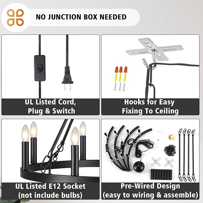 LASENCHOO Plug in Wagon Wheel Chandelier 8 Lights Dia 23.6" Black Round Farmhouse Chandeliers for Dining Room Light Fixture, Hanging Lights with Plug in Cord 16.4ft & Switch for Gazebo Hallway Foyer