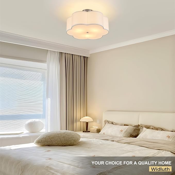 18" Chrome Semi Flush Mount Ceiling Light, 3-Light Petal Fixture | White Beige Linen Petal Shade, Modern Chrome Style For Bedroom, Living, Kitchen And Nursery; Close-To-Ceiling, E26, Dimmable