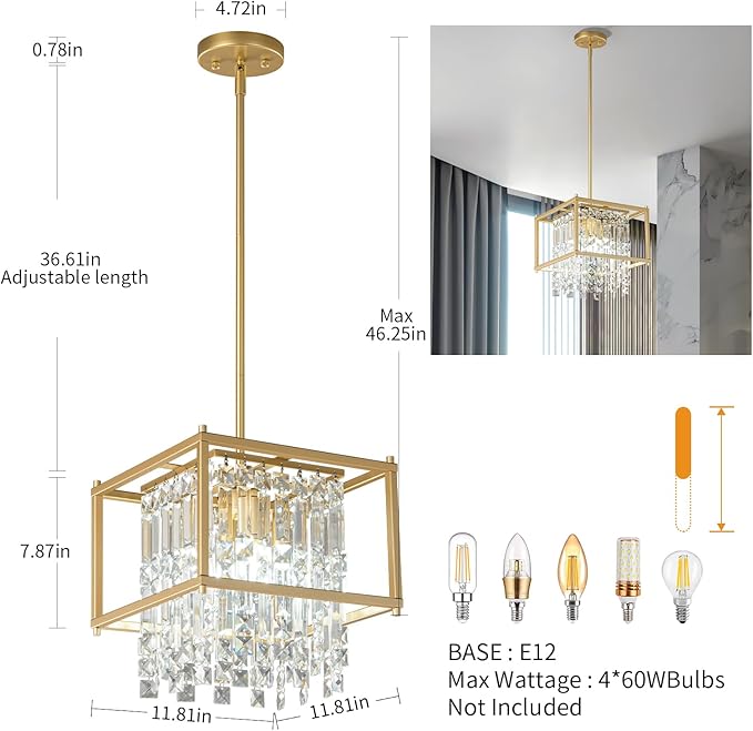 LMQNINE Modern Foyer Chandelier, Black Crystal Chandelier Entryway Light Fixture, Square Adjustable Height Chandeliers for Kitchen Island, L11.81'' x H7.87''