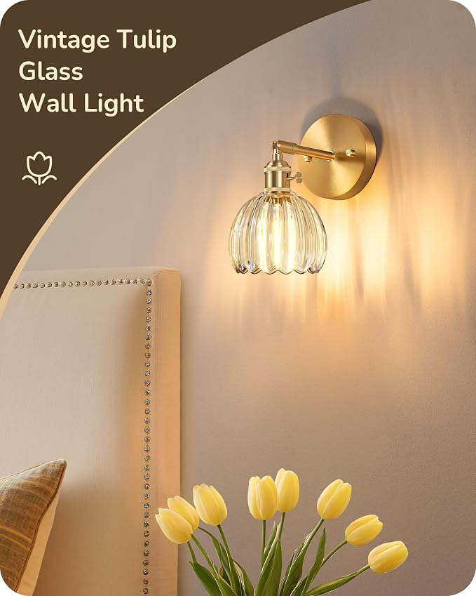 EDISHINE 2-Pack Brass Gold Sconces, 180° Adjustable Tulip Glass Wall Lamps | Hardwired, Rotary ON/OFF Switch, E26, Vintage & Modern Style for Bathroom, Bedroom, Hallway