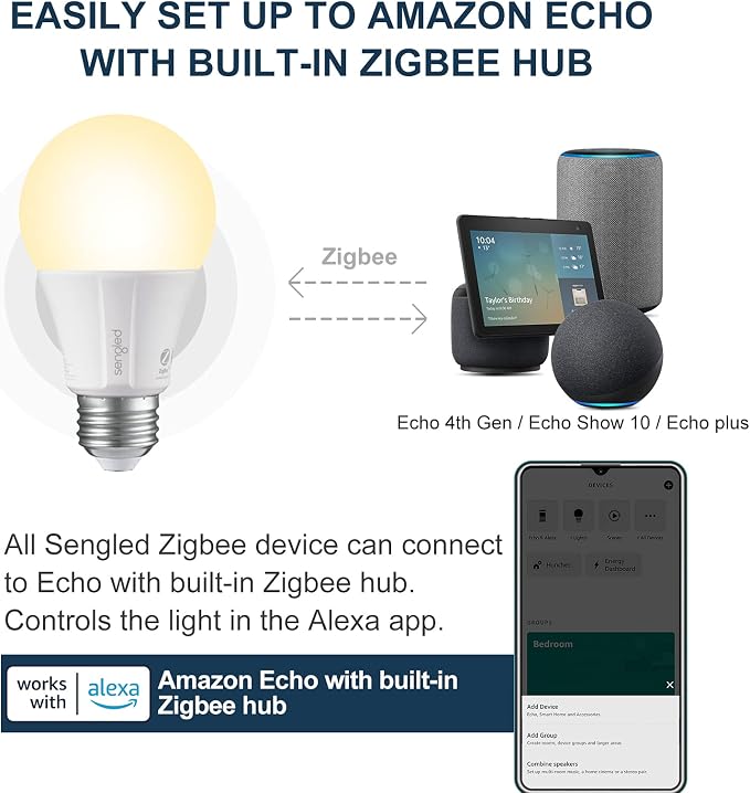 Sengled Zigbee Smart Light Bulbs, Smart Hub Required, Works with SmartThings and Echo with built-in Hub, Voice Control with Alexa and Google Home, Soft White 60W Eqv. A19 Alexa Light Bulb, 8 Pack