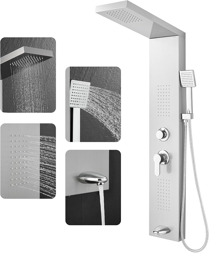 ROVOGO Shower Panel Tower System with 4 Shower Modes, 46.5", No Led Lights | Rain Shower Head, 2 Body Jets, Handheld and Tub Spout, Stainless Steel Shower Column w/ Brass Valves, cUPC Cartridge, Brushed