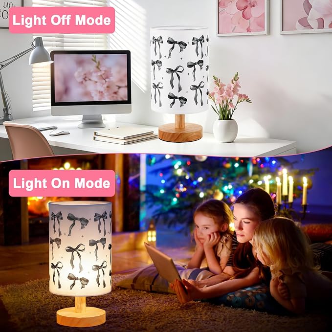 Lonfliness Black Bow Kids Table Lamp Kids Bedside Lamp Bedroom LED Night Light with Linen Wooden Nightstand Cartoon Nursery Lampshade for Girls Boys Living Room
