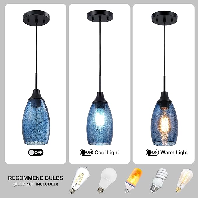 Viinew Mini Glass Pendant Light 1-Pack Dark Blue Seeded Hanging Light | Industria Glass chandeliers Blue Glass Pendant Light Oval Lamp Ceiling Pendant Light Blue Glass Pendant Light