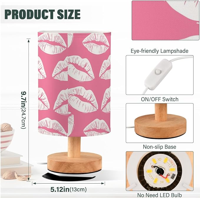Sexy Lip Preppy Pink Colored Love Kisses Bedside Table Lamps with USB Port for Bedroom Lamp Table Lamp Small Nightstand Lamp Sturdy Linen Shade Wooden Decorative Lamps for Home Dorm Office Living Room