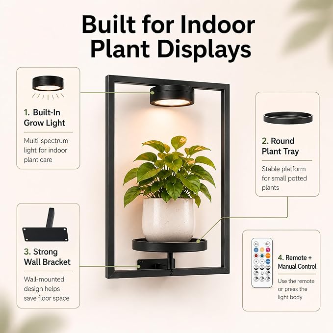 2 Pack Plant Wall Shelf with Grow Light, Wall Mounted Indoor Plant Shelf | Rechargeable Cordless Magnetic Grow Light with Remote Timer Dimming, Floating Plant Shelf for Living Room Office Decor