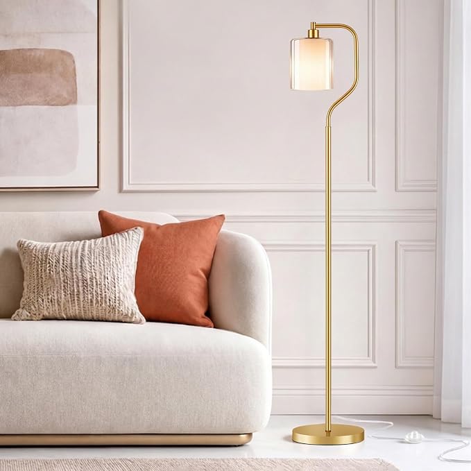 Dimmable Gold Floor Lamp with Double Glass Shade | Modern Floor Lamp with Remote & Foot Switch, 3 Color Temperatures, 9W Bulb, Corner lamp for Home Decor, Living Room, Bedroom