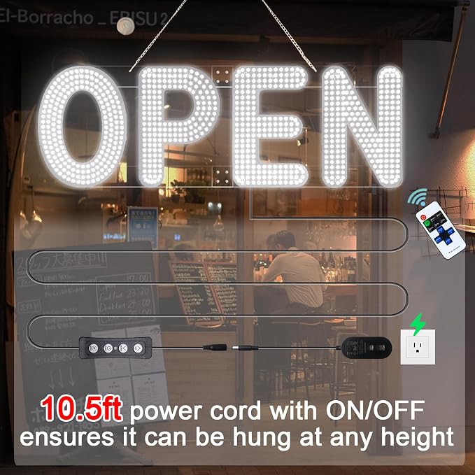 40"x14" Open Sign, LED Open Sign for Business with Remote Control, Ultra Bright Dimmable with 3 Scene Modes, Large Illuminated Sign for Storefront Window, Cafe, Bar, Restaurant, Salon (Cool White)