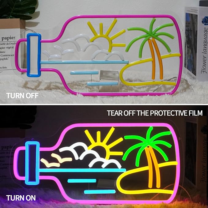 Bottle Beach Neon Sign Dimmable Summer Tropic Neon Light Sign for Wall Decor Palm Tree Led Signs for Bedroom Living Room Hawaii Shop Beach Bar Party Art Decor Gift 16.5" x 8.4"