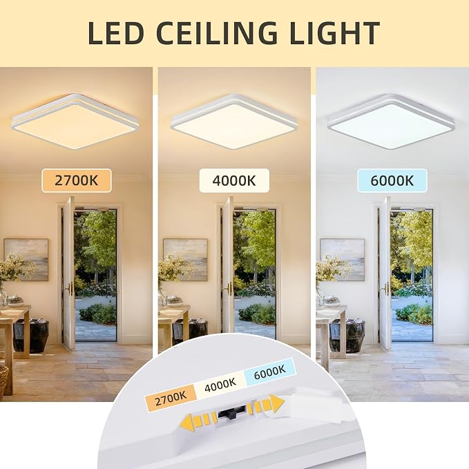 2PK 18 Inch LED Flush Mount Ceiling Light, White Ceiling Light Fixture with Side Light, 50W,4500LM, 2700K/4000K/6000K CCT Selectable, Square Lamp for Bathroom, Closet, Kitchen, Hallway, Bathroom