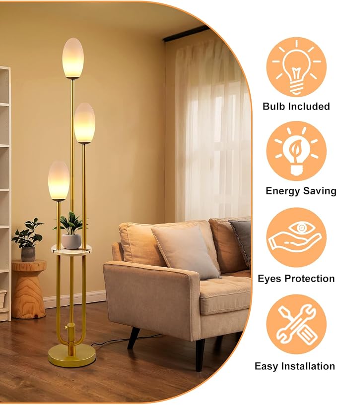 Lightdot Gold Dimmable Floor Lamp with Table, 63IN Mid-Century Oval Floor Lamps with Bulbs Included, 3-Lights Modern Tall Standing Lamp with 5Lbs Heavy Base for Living Room/Sofa Beside/Corner Decor