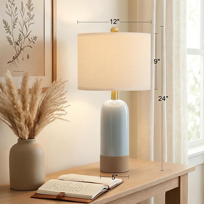 PoKat 24'' Farmhouse Blue Table Lamps Set of 2 for Living Room, Two-Tones | Ceramic Bedside Lamps for Bedroom, Hand-Textured Design, Kiln Variation Glaze, Coastal Lamps for Nightstand, Hallway,Entryway