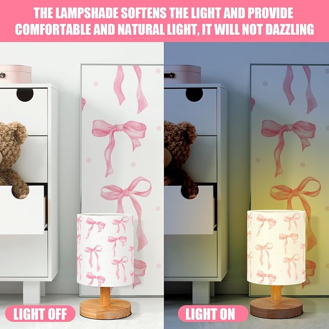 Bow Kids Table Lamp for Bedroom Kids Bedside Lamp with Linen Wooden Nightstand Cartoon Nursery Lampshade for Girls Boys Living Room