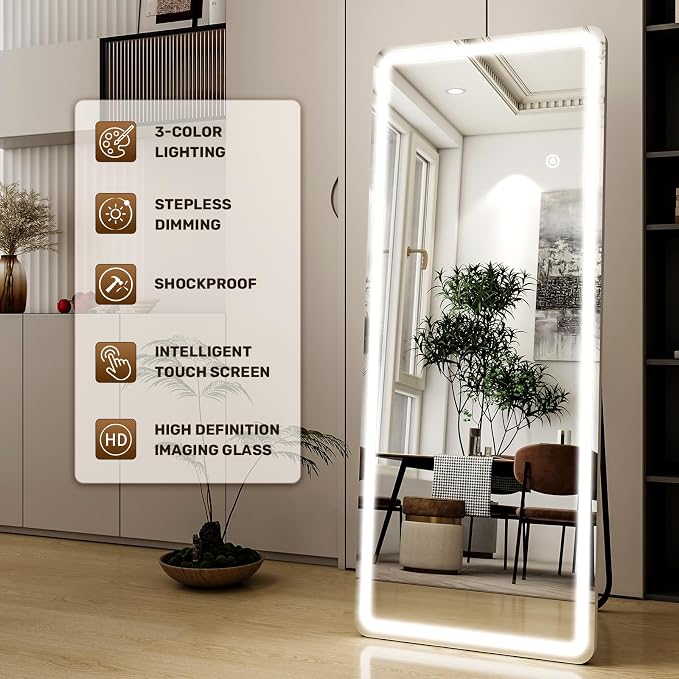 Easly 21"x56" Rectangular Full Length Mirror with LED Lights, Standing or Wall-Mounted Full Body Mirror with Stand, Dimmable 3-Color Lighted Floor Mirror for Bedroom, Dressing Room, Cloakroom