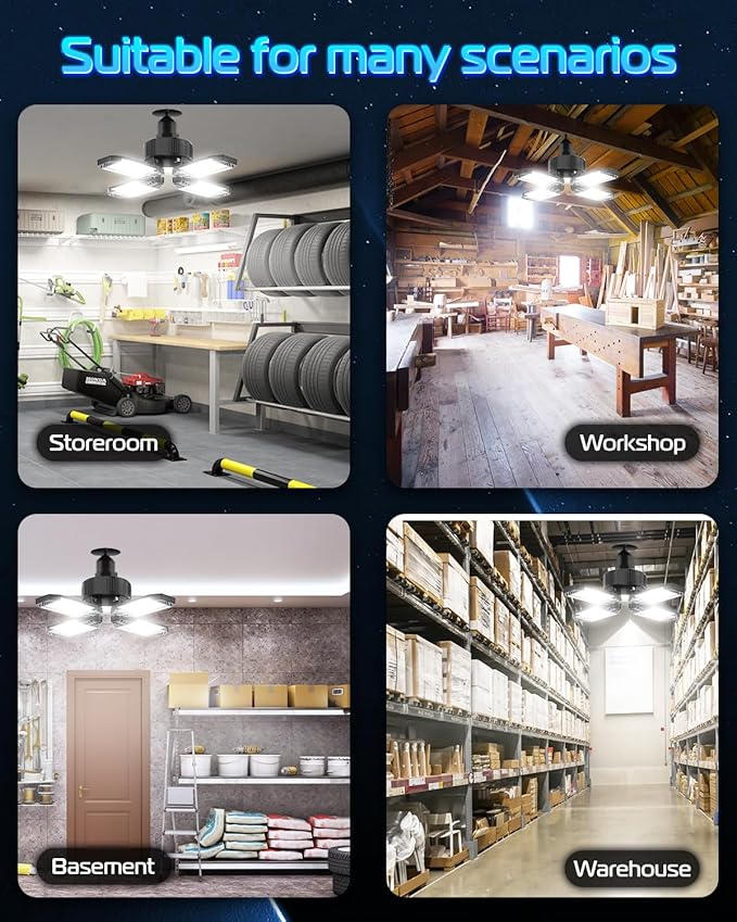 LED Garage Light - 6 Pack 130W 13000LM Deformable 4+1 Panel LED Garage Ceiling Lights with Transformer, E26/27 Base, 6500K Daylight White Shop Lights for Factory, Storage Room, Warehouse