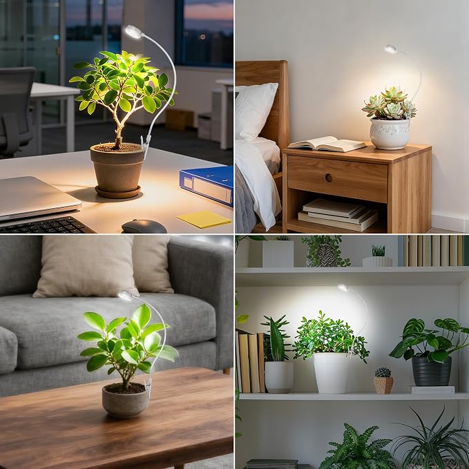 Small Clip-On Grow Light for Indoor Plants, Full Spectrum Timer | 5W full-spectrum 4000K LED delivers focused close,Auto on/off timer,4 dimmable brightness levels Compact clip-on design