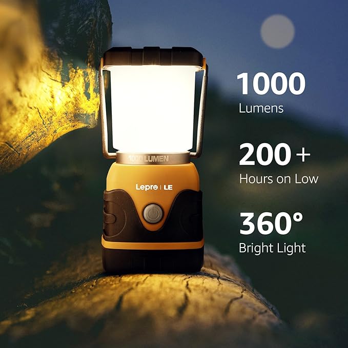 Lepro 1000LM Battery Powered LED Camping Lantern, Orange Tent Light with 4 Light Modes, Camping Essentials, Waterproof Lantern Flashlight for Camping, Emergency Light, Power Outage, Not Rechargeable