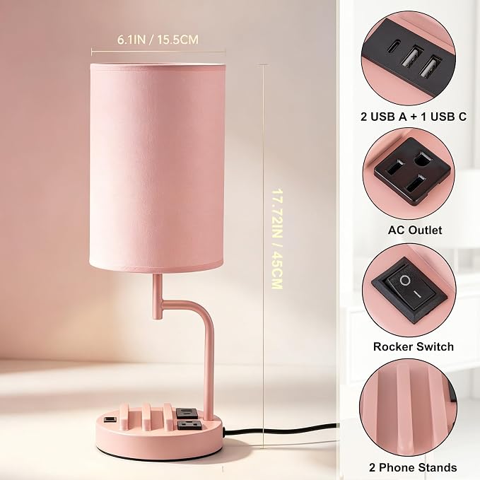 Dreamholder 2 Pack Table Lamp, Bedside Lamp with 3 USB Charging Ports & AC Outlet, USB Desk Lamp with 2 Phone Holders, Linen Fabric Shade Nightstand Lamps for Bedroom Living Room Office, Pink