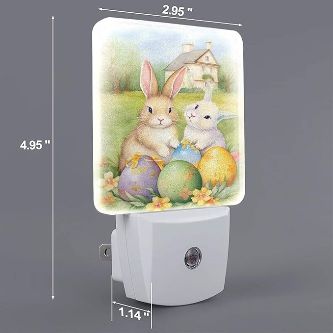 Vintage Easter Bunnies Eggs Soft Night Light Set of 2, Rabbits Auto Sensor LED Dusk-to-Dawn Nightlights, Plug-in Sensor Lamp for Bedroom Bathroom Kitchen Hallway Stairs Decorative