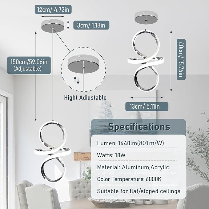 6000K Modern LED Pendant Lights, 24W LED Pendant Lights Kitchen Island Lighting, Chrome Adjustable Height Hanging Light Fixture for Kitchen Study Corridor Stairs Dining Room, 1 Pack