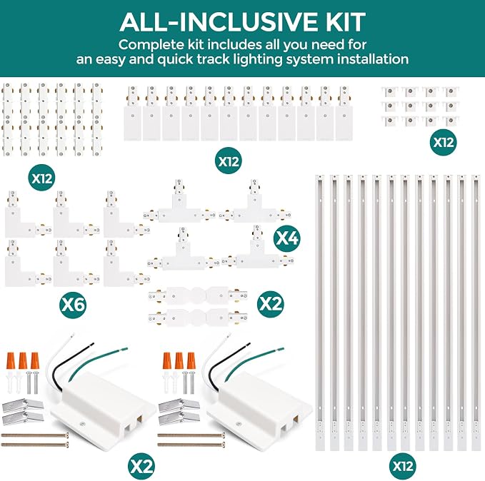 H Track Lighting Rails Kit - iCreating 40ft White Track Lighting Tracks 3 Wire with Floating Canopy Connector, L Connector, I and T Connectors for Single Circuit H Type LED Tracks Light Heads Fixtures