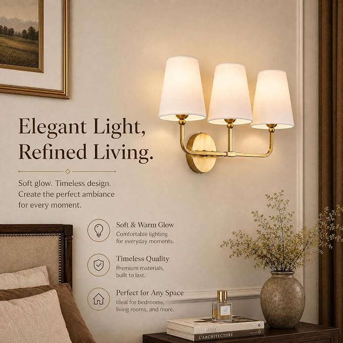 Bathroom Light Fixtures,3-Light Brushed Gold Vanity Lights,Lighting Fixtures Over Mirror with White Flared Fabric Shade,Modern Wall Sconce for Bathroom,Bedroom,Living Room,E26 Socket